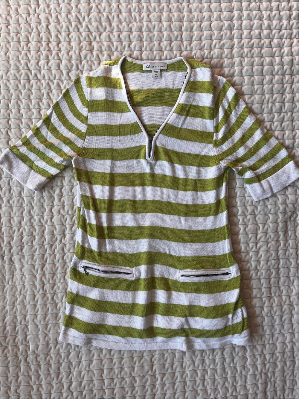 Coldwater Creek Striped Half-Zip Top in Green & White Size XS